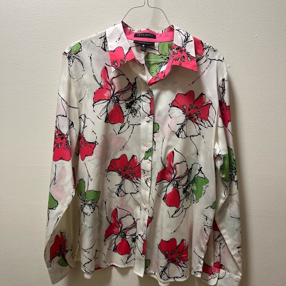 Foxcroft Vibrant Stylish Chic Long Sleeve Blouse, Sz 10, NWT, White & Colors